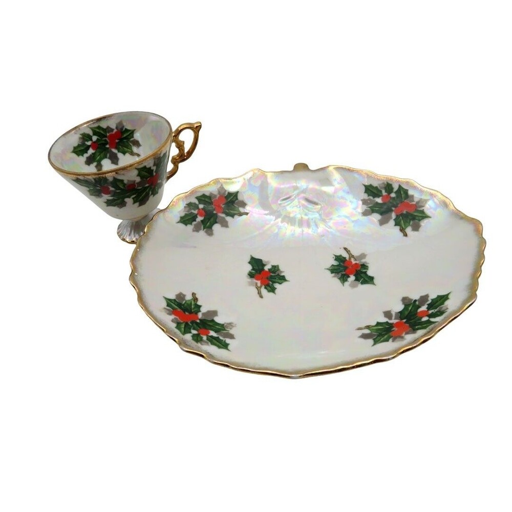 Vintage Ucagco Christmas Plate and Teacup Lusterware Holly Berries
